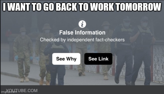 fact checker | I WANT TO GO BACK TO WORK TOMORROW | image tagged in fact checker | made w/ Imgflip meme maker