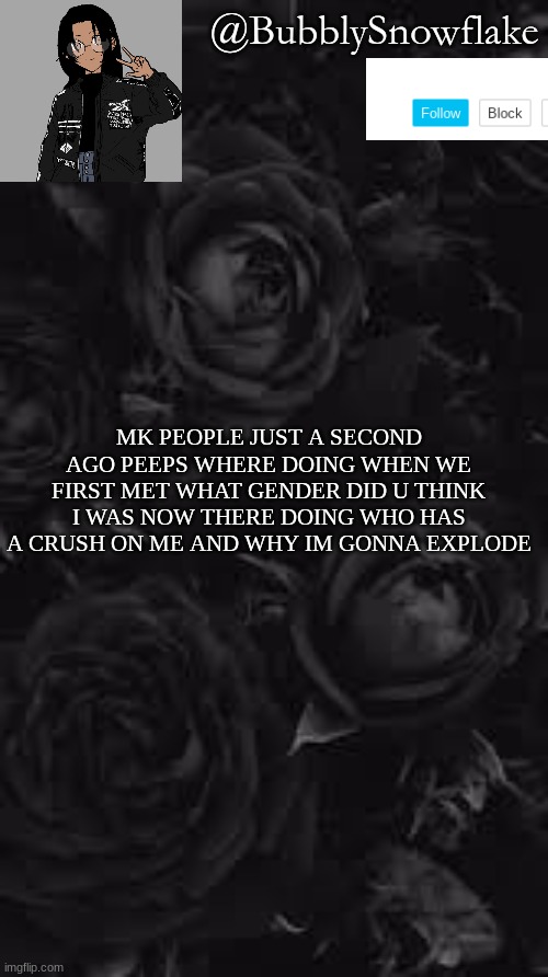 Why People | @BubblySnowflake; MK PEOPLE JUST A SECOND AGO PEEPS WHERE DOING WHEN WE FIRST MET WHAT GENDER DID U THINK I WAS NOW THERE DOING WHO HAS A CRUSH ON ME AND WHY IM GONNA EXPLODE | image tagged in dark roses | made w/ Imgflip meme maker