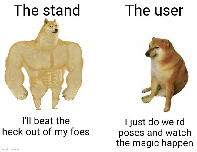 The user VS the Stand | The stand; The user; I'll beat the heck out of my foes; I just do weird poses and watch the magic happen | image tagged in memes,buff doge vs cheems | made w/ Imgflip meme maker