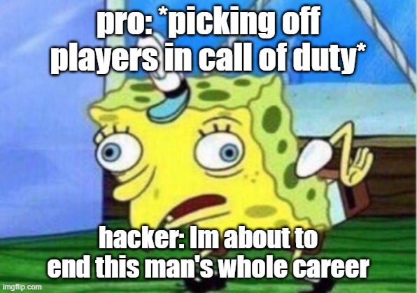 Mocking Spongebob | pro: *picking off players in call of duty*; hacker: Im about to end this man's whole career | image tagged in memes,mocking spongebob | made w/ Imgflip meme maker