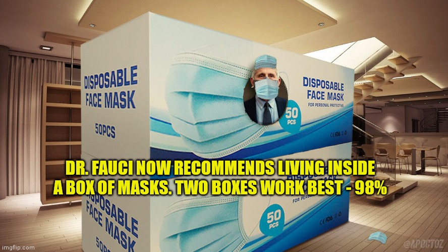 Fauci the Jesuit fraud son of Mother Theresa the child trafficke | DR. FAUCI NOW RECOMMENDS LIVING INSIDE A BOX OF MASKS. TWO BOXES WORK BEST - 98% | image tagged in fauci the jesuit fraud son of mother theresa the child trafficke | made w/ Imgflip meme maker