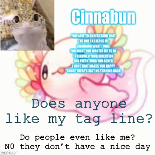 Does anyone like my tag line? Do people even like me? N0 they don’t have a nice day | made w/ Imgflip meme maker