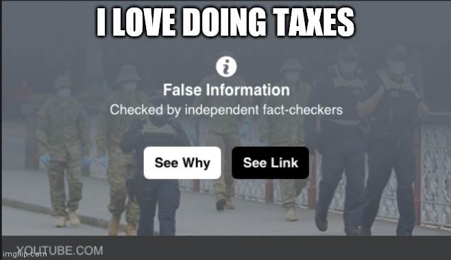fact checker | I LOVE DOING TAXES | image tagged in fact checker | made w/ Imgflip meme maker