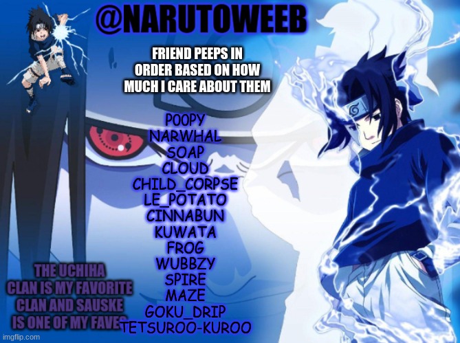 these peeps are the homies
oh i also forgot starkugo between colud and corpse | FRIEND PEEPS IN ORDER BASED ON HOW MUCH I CARE ABOUT THEM; P00PY
NARWHAL
SOAP
CLOUD
CHILD_CORPSE
LE_POTATO
CINNABUN
KUWATA
FROG
WUBBZY
SPIRE
MAZE
GOKU_DRIP
TETSUROO-KUROO | made w/ Imgflip meme maker