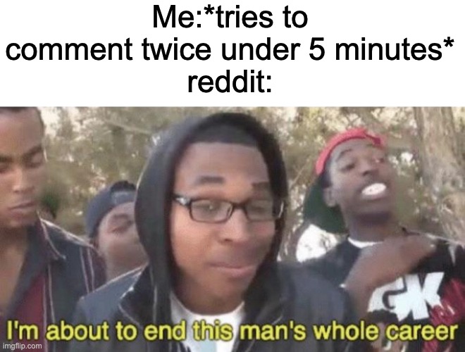 its very annoying |  Me:*tries to comment twice under 5 minutes*
reddit: | image tagged in blank white template,i m about to end this man s whole career,reddit | made w/ Imgflip meme maker