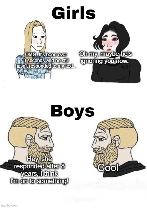 Girls vs Boys | OMG, It's been over 3 seconds and he still hasn't responded to my text... Oh my, maybe he's ignoring you now. Hey, she responded after 8 years, I think I'm on to something! Cool | image tagged in girls vs boys | made w/ Imgflip meme maker