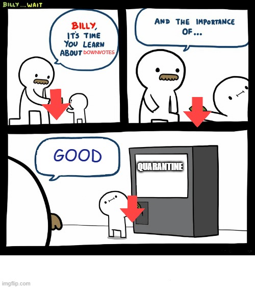 billy hates quarantine | DOWNVOTES; GOOD; QUARANTINE | image tagged in billy learning about money | made w/ Imgflip meme maker