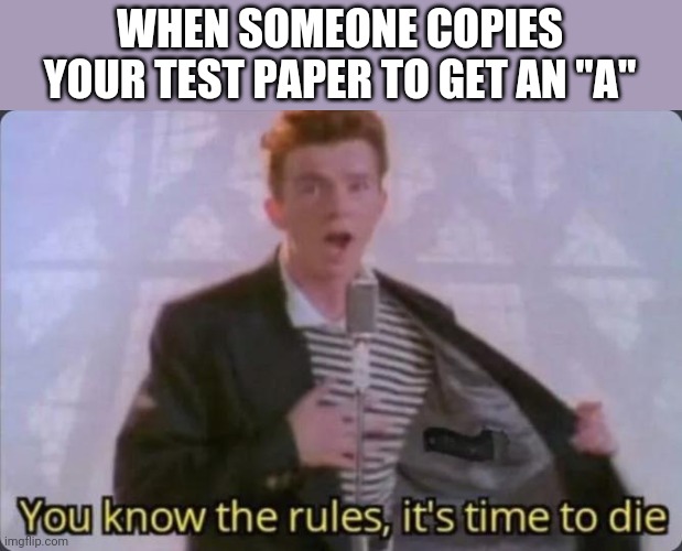 LOL | WHEN SOMEONE COPIES YOUR TEST PAPER TO GET AN "A" | image tagged in you know the rules it's time to die,funny,memes,test,cheating,rick astley | made w/ Imgflip meme maker