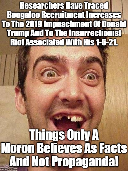 Who Is The Bigger Moron The One Who Repeats These Kind Of Claims Or The Other Morons Who Actually Attempted To Prove it. | Researchers Have Traced Boogaloo Recruitment Increases To The 2019 Impeachment Of Donald Trump And To The Insurrectionist Riot Associated With His 1-6-21. Things Only A Moron Believes As Facts And Not Propaganda! | image tagged in sounds like communist propaganda,morons | made w/ Imgflip meme maker