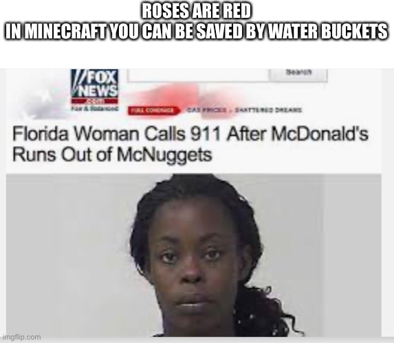 ROSES ARE RED
IN MINECRAFT YOU CAN BE SAVED BY WATER BUCKETS | image tagged in florida man | made w/ Imgflip meme maker