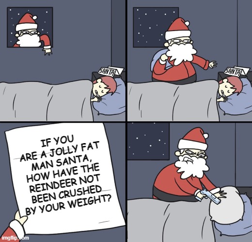 Good Question | IF YOU ARE A JOLLY FAT MAN SANTA, HOW HAVE THE REINDEER NOT BEEN CRUSHED BY YOUR WEIGHT? | image tagged in letter to murderous santa | made w/ Imgflip meme maker