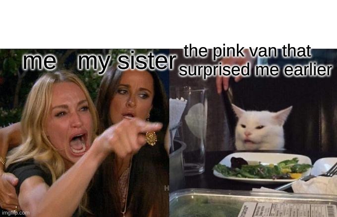 Something that happened to me | me   my sister; the pink van that surprised me earlier | image tagged in memes,woman yelling at cat | made w/ Imgflip meme maker