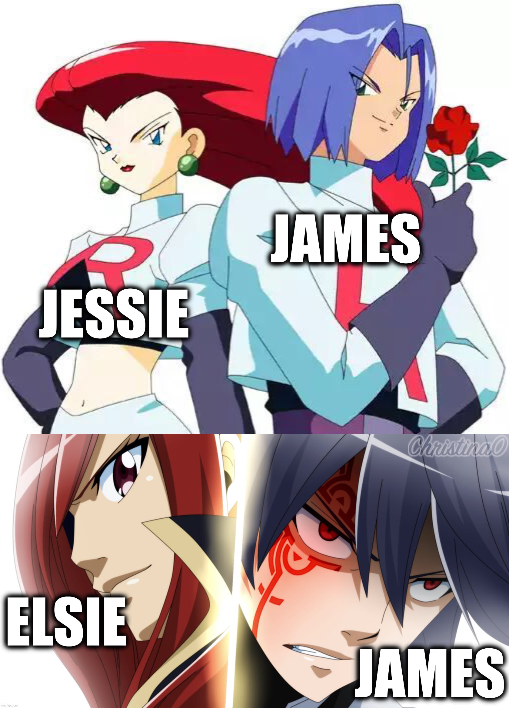 Elsie and James - Pokémon x Edens Zero Meme | JAMES; JESSIE; ELSIE; JAMES | image tagged in edens zero,edens zero meme,pokemon,jessie james,elsie crimson,justice edens zero | made w/ Imgflip meme maker
