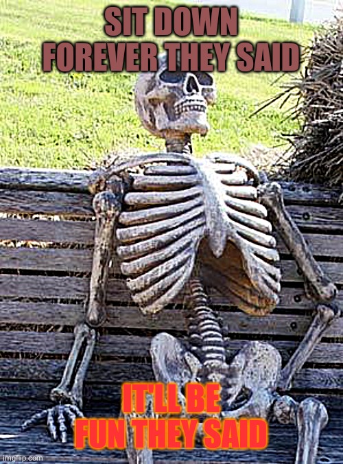 Waiting Skeleton Meme | SIT DOWN FOREVER THEY SAID; IT'LL BE FUN THEY SAID | image tagged in memes,waiting skeleton | made w/ Imgflip meme maker