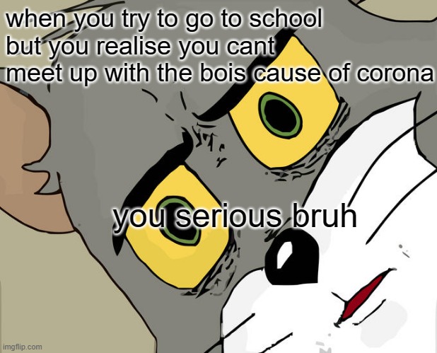 Unsettled Tom | when you try to go to school but you realise you cant meet up with the bois cause of corona; you serious bruh | image tagged in memes,unsettled tom | made w/ Imgflip meme maker