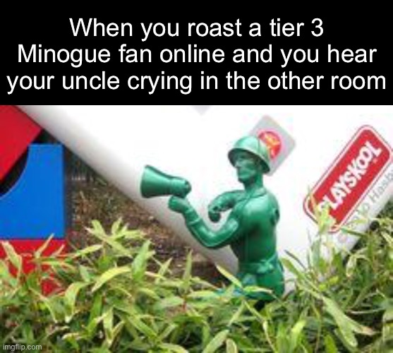 Grammatically correct | When you roast a tier 3 Minogue fan online and you hear your uncle crying in the other room | image tagged in blank black,toy story,funny,memes,kylie minogue | made w/ Imgflip meme maker