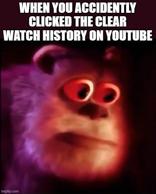 oof | WHEN YOU ACCIDENTLY CLICKED THE CLEAR WATCH HISTORY ON YOUTUBE | image tagged in monster inc | made w/ Imgflip meme maker