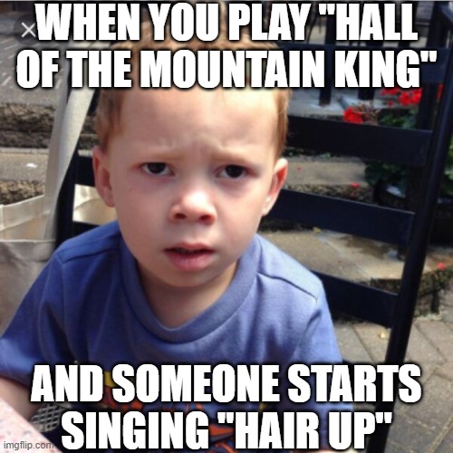 Show some respecc for classical music xD | WHEN YOU PLAY "HALL OF THE MOUNTAIN KING"; AND SOMEONE STARTS SINGING "HAIR UP" | image tagged in gavin annoyed | made w/ Imgflip meme maker