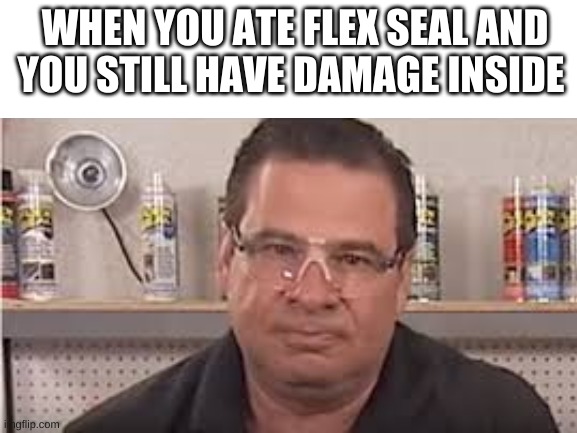 ... | WHEN YOU ATE FLEX SEAL AND YOU STILL HAVE DAMAGE INSIDE | image tagged in flex seal | made w/ Imgflip meme maker