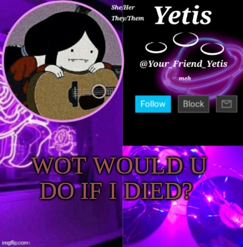 scary thought lol | WOT WOULD U DO IF I DIED? | image tagged in yetis vibes | made w/ Imgflip meme maker