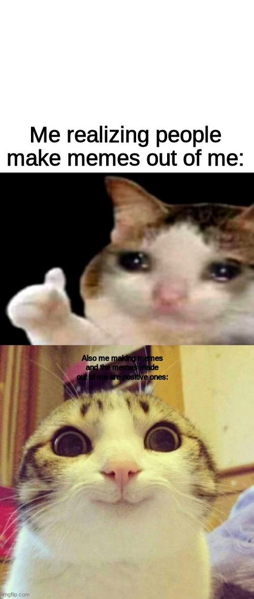 Me realizing people make memes out of me: Also me making memes and the memes made out of me are positive ones: | image tagged in sad cat thumbs up white spacing,memes,smiling cat | made w/ Imgflip meme maker