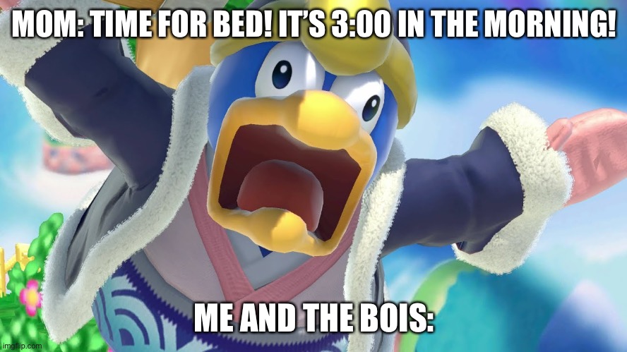 Me and the bois | MOM: TIME FOR BED! IT’S 3:00 IN THE MORNING! ME AND THE BOIS: | image tagged in memes | made w/ Imgflip meme maker