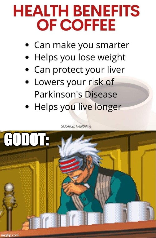 Health Benefits of Coffee | GODOT: | image tagged in health benefits of coffee,godot,ace attorney | made w/ Imgflip meme maker
