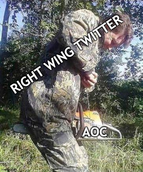 AOC to the nads | RIGHT WING TWITTER; AOC | image tagged in chainsaw safety | made w/ Imgflip meme maker