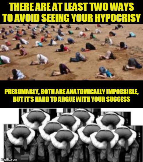 Hypocrisy | THERE ARE AT LEAST TWO WAYS TO AVOID SEEING YOUR HYPOCRISY; PRESUMABLY, BOTH ARE ANATOMICALLY IMPOSSIBLE,
BUT IT'S HARD TO ARGUE WITH YOUR SUCCESS | image tagged in hypocrisy,democrats,head up ass | made w/ Imgflip meme maker