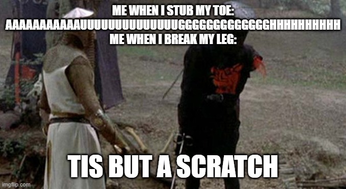 hurt |  ME WHEN I STUB MY TOE: AAAAAAAAAAAUUUUUUUUUUUUUUGGGGGGGGGGGGGHHHHHHHHHH
ME WHEN I BREAK MY LEG:; TIS BUT A SCRATCH | image tagged in tis but a scratch,funny memes | made w/ Imgflip meme maker
