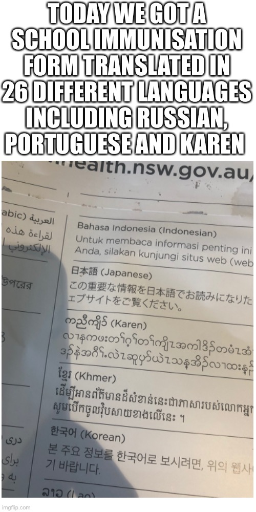 TODAY WE GOT A SCHOOL IMMUNISATION FORM TRANSLATED IN 26 DIFFERENT LANGUAGES INCLUDING RUSSIAN, PORTUGUESE AND KAREN | image tagged in memes,blank transparent square | made w/ Imgflip meme maker