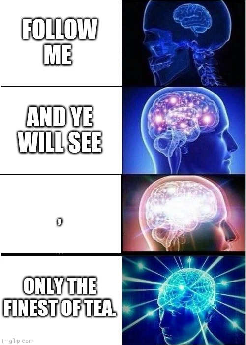 Expanding Brain Meme | FOLLOW ME; AND YE WILL SEE; , ONLY THE FINEST OF TEA. | image tagged in memes,expanding brain | made w/ Imgflip meme maker