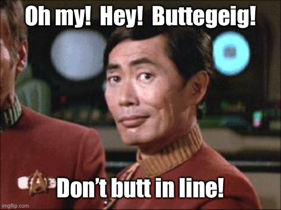 Sulu Oh My | Oh my!  Hey!  Buttegeig! Don’t butt in line! | image tagged in sulu oh my | made w/ Imgflip meme maker