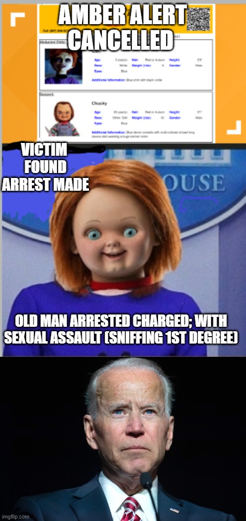 Amber Alert cancelled | AMBER ALERT CANCELLED; VICTIM 
FOUND
ARREST MADE; OLD MAN ARRESTED CHARGED; WITH SEXUAL ASSAULT (SNIFFING 1ST DEGREE) | image tagged in joe the sniffer | made w/ Imgflip meme maker
