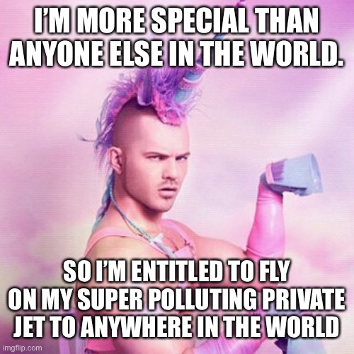 Unicorn MAN Meme | I’M MORE SPECIAL THAN ANYONE ELSE IN THE WORLD. SO I’M ENTITLED TO FLY ON MY SUPER POLLUTING PRIVATE JET TO ANYWHERE IN THE WORLD | image tagged in memes,unicorn man | made w/ Imgflip meme maker