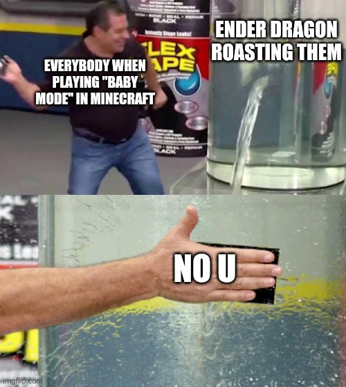 A great way to counter ender dragon | ENDER DRAGON ROASTING THEM; EVERYBODY WHEN PLAYING "BABY MODE" IN MINECRAFT; NO U | image tagged in flex tape | made w/ Imgflip meme maker