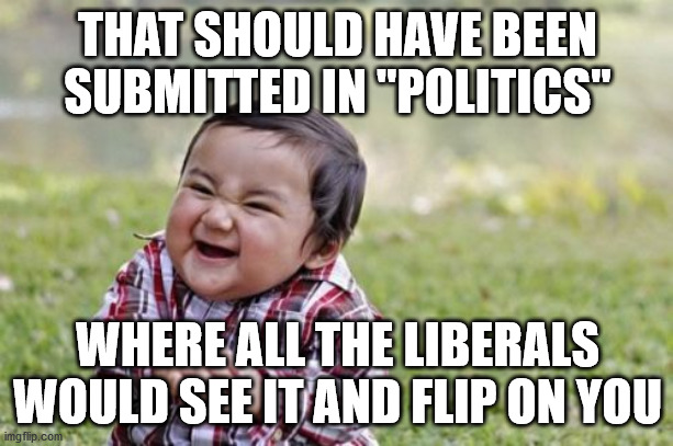 Evil Toddler Meme | THAT SHOULD HAVE BEEN SUBMITTED IN "POLITICS" WHERE ALL THE LIBERALS WOULD SEE IT AND FLIP ON YOU | image tagged in memes,evil toddler | made w/ Imgflip meme maker