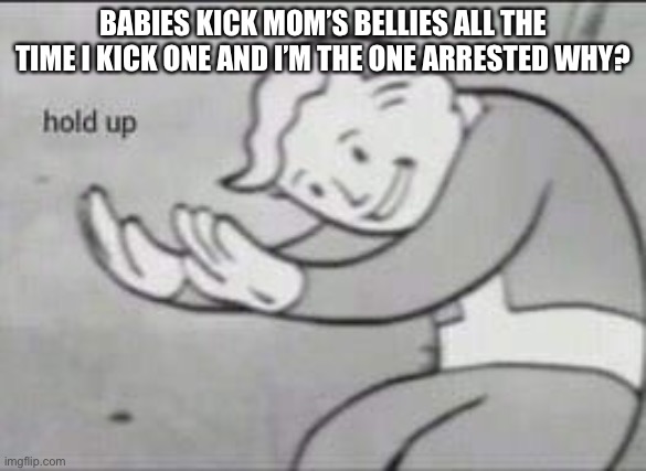 Fallout Hold Up | BABIES KICK MOM’S BELLIES ALL THE TIME I KICK ONE AND I’M THE ONE ARRESTED WHY? | image tagged in fallout hold up | made w/ Imgflip meme maker