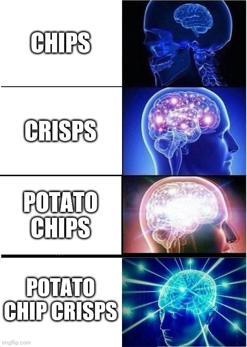 When u cant choose which name to call it | CHIPS; CRISPS; POTATO CHIPS; POTATO CHIP CRISPS | image tagged in memes,expanding brain,chips | made w/ Imgflip meme maker