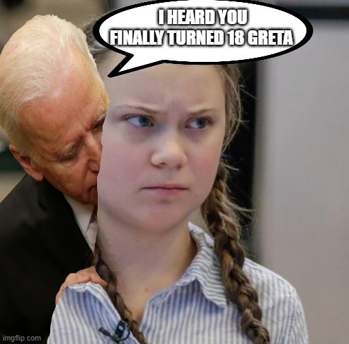 Joe has been waiting for this day | I HEARD YOU FINALLY TURNED 18 GRETA | image tagged in angry greta thunberg | made w/ Imgflip meme maker