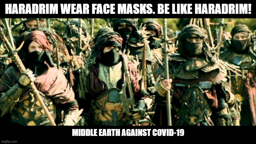 Haradrim wear face masks | HARADRIM WEAR FACE MASKS. BE LIKE HARADRIM! MIDDLE EARTH AGAINST COVID-19 | image tagged in lord of the rings,face mask | made w/ Imgflip meme maker