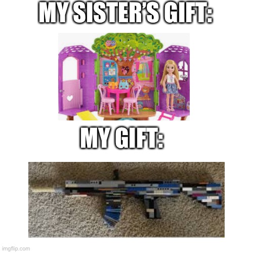 Gifts | MY SISTER’S GIFT:; MY GIFT: | image tagged in memes,blank transparent square | made w/ Imgflip meme maker