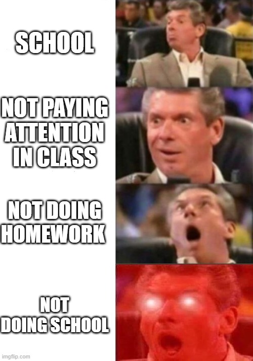 Mr. McMahon reaction | SCHOOL; NOT PAYING ATTENTION IN CLASS; NOT DOING HOMEWORK; NOT DOING SCHOOL | image tagged in mr mcmahon reaction | made w/ Imgflip meme maker