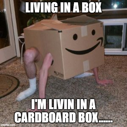 Amazon Box Guy |  LIVING IN A BOX; I'M LIVIN IN A CARDBOARD BOX...... | image tagged in amazon box guy | made w/ Imgflip meme maker
