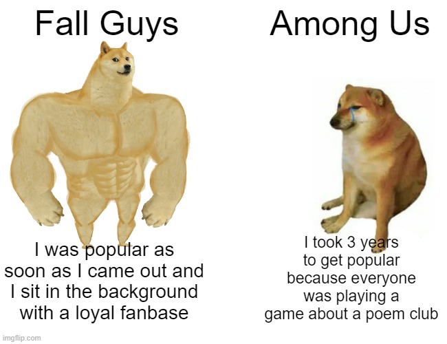 People will realise eventually | Fall Guys; Among Us; I took 3 years to get popular because everyone was playing a game about a poem club; I was popular as soon as I came out and I sit in the background with a loyal fanbase | image tagged in buff doge vs cheems,fall guys,doki doki literature club | made w/ Imgflip meme maker