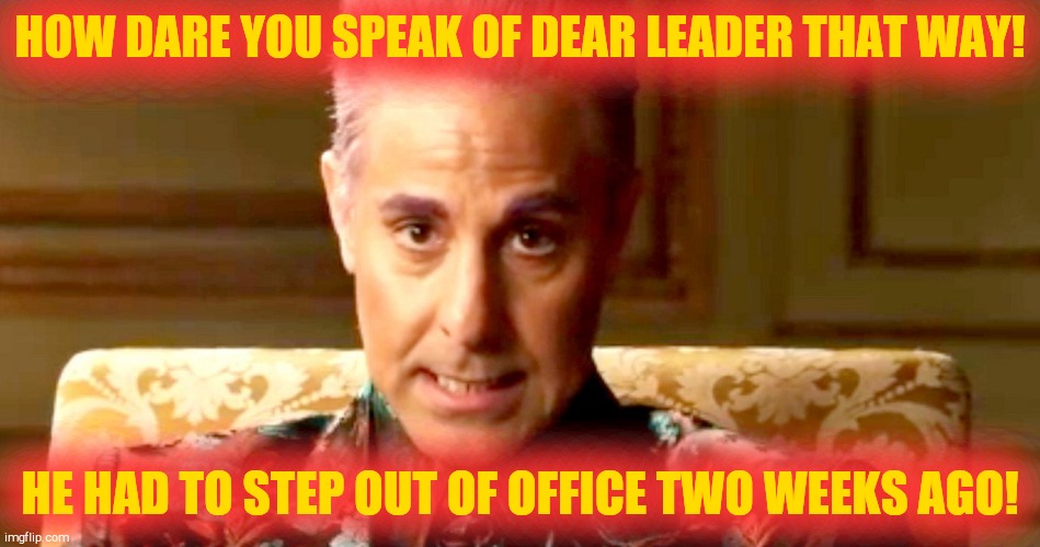 Hunger Games - Caesar Flickerman/Stanley Tucci "The fact is" | HOW DARE YOU SPEAK OF DEAR LEADER THAT WAY! HE HAD TO STEP OUT OF OFFICE TWO WEEKS AGO! | image tagged in hunger games - caesar flickerman/stanley tucci the fact is | made w/ Imgflip meme maker