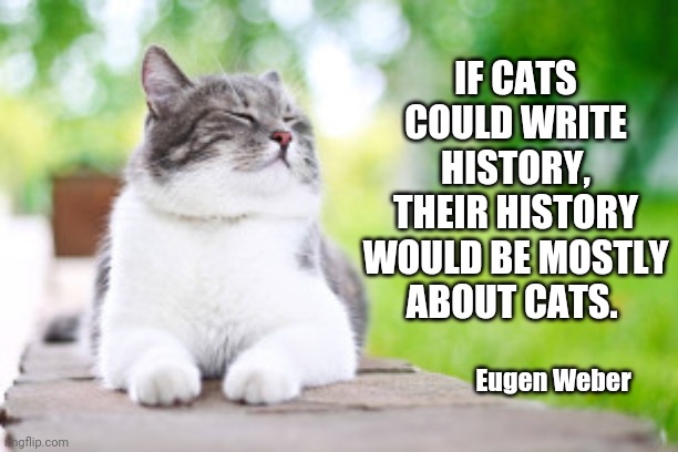 History according to cats quote | IF CATS COULD WRITE HISTORY, THEIR HISTORY WOULD BE MOSTLY ABOUT CATS. Eugen Weber | image tagged in content cat,cat,funny,quote | made w/ Imgflip meme maker