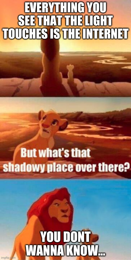 lion king light touches shadowy place kek | EVERYTHING YOU SEE THAT THE LIGHT TOUCHES IS THE INTERNET; YOU DONT WANNA KNOW... | image tagged in lion king light touches shadowy place kek,internet | made w/ Imgflip meme maker