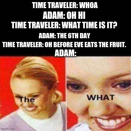 The What | TIME TRAVELER: WHOA; ADAM: OH HI; TIME TRAVELER: WHAT TIME IS IT? ADAM: THE 6TH DAY; TIME TRAVELER: OH BEFORE EVE EATS THE FRUIT. ADAM: | image tagged in the what | made w/ Imgflip meme maker