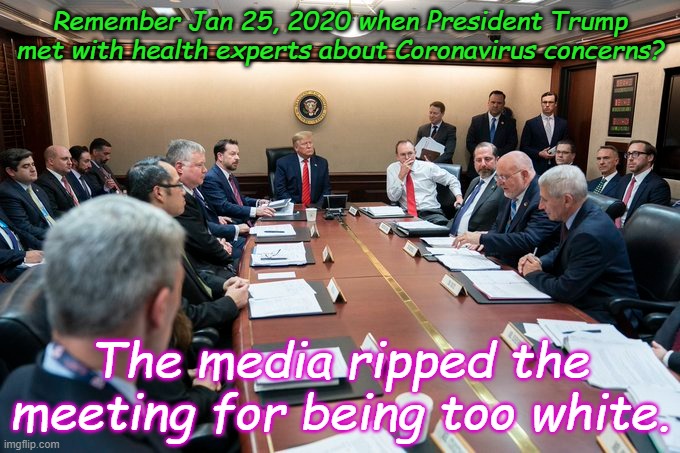 (I did a google search about it and got pictures of Stormy Daniels) Closed border to China Jan 31, 2020. Racist!! | Remember Jan 25, 2020 when President Trump met with health experts about Coronavirus concerns? The media ripped the meeting for being too white. | image tagged in trump,covid,truth | made w/ Imgflip meme maker